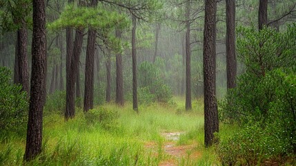 Fototapeta premium A tranquil pine forest during the rainy season, with droplets clinging to needles and mist floating between the trees, creating a serene scene
