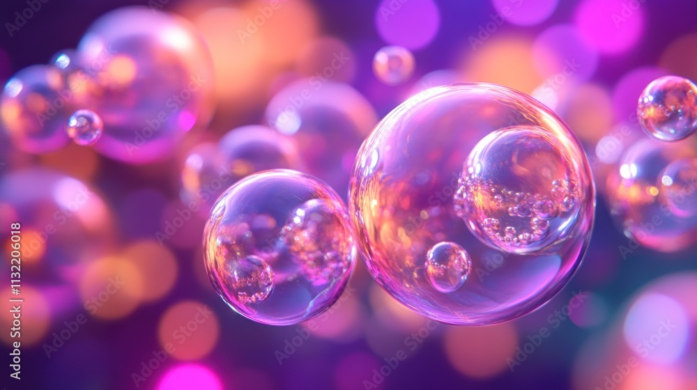 Poster iridescent bubbles float in a purple and pink haze
