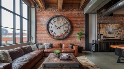 A unique oversized wall clock with a distressed metal frame and oversized numbers, hanging on a brick wall in a loft-style living space with exposed beams and industrial decor