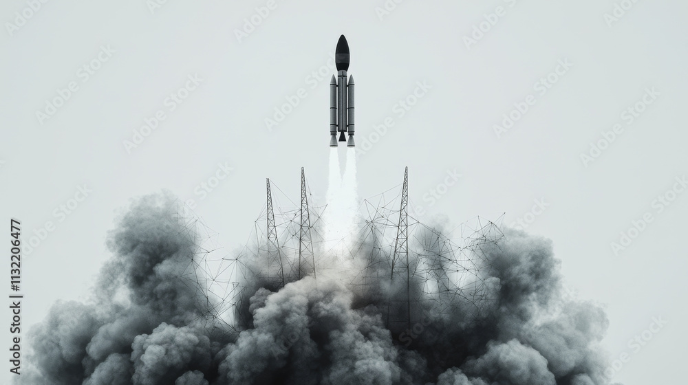 Poster abstact launch of the rocket from the earth with clouds of smoke. low poly style design. abstract ge