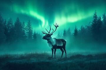 Naklejka premium Reindeer standing majestically in an Arctic field under the mesmerizing northern lights