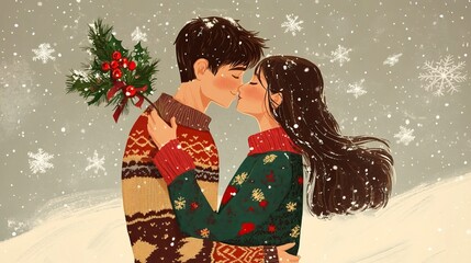 Fototapeta premium Snowy Christmas Kiss with Mistletoe and Sweaters Mistletoe Moment, Mistletoe Moment, Happy Christmas day, Winter vibe 