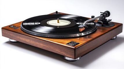A vintage turntable with a vinyl record, showcasing music playback technology.