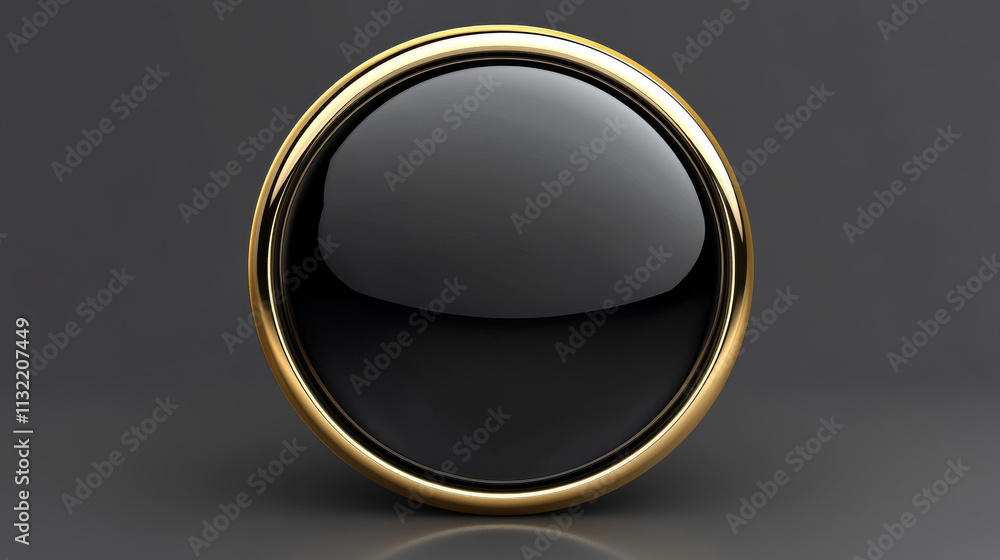Poster 3d round black glossy button with gold ring frame vector illustration. glass badge of circle shape, 