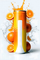 Citrus Burst, Orange Juice Can with Splash and Floating Orange Slices