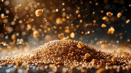 Naklejka premium A close-up of a mound of granulated substance, with particles suspended in the air.