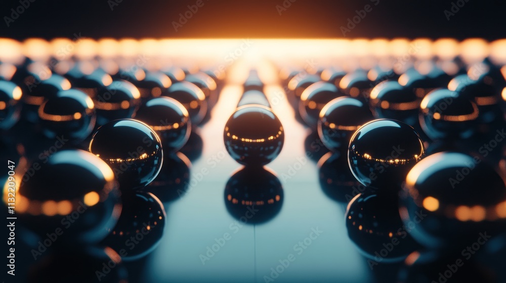 Poster rows of reflective spheres illuminated by warm light