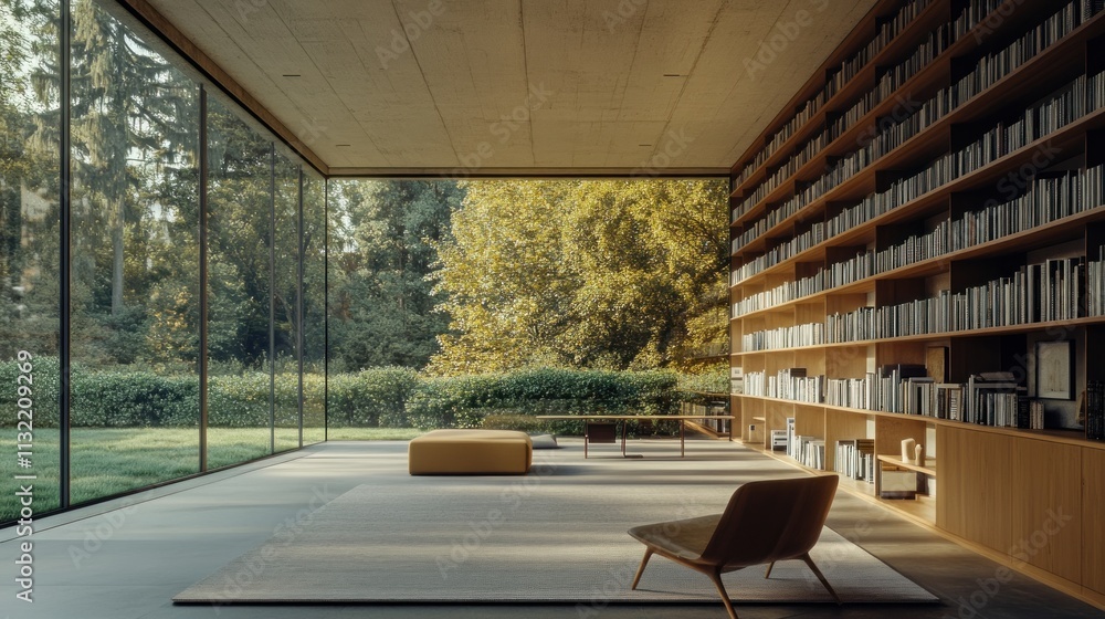 Poster modern library design with large glass walls and tranquil garden views