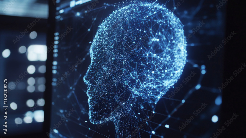 Aufkleber arrow up and magnifying glass on computer monitor screen. digital vector low poly wireframe. brain r