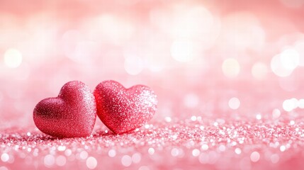 Obraz premium Two Shiny Red Hearts on a Soft Pink Glitter Background Perfect for Romantic Themes and Celebratory Designs