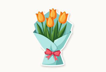 Minimalist Kawaii Flower Bouquet Icon Featuring Orange Tulips, Soft Colors, and a Pink Bow - Perfect for Children's Book Illustrations!