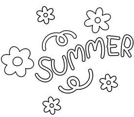 Outline of summer letters with flowers for font, typography, text, message, cute patches, shirt print, brooch, sticker, holidays, vacation, family trip, happy weekends, colouring book, art, painting	
