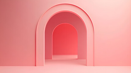 Fototapeta premium A pink and white arched corridor with columns and an open doorway, featuring a 3D architectural design
