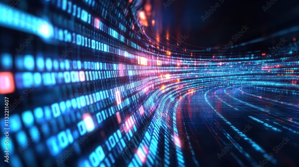 Aufkleber abstract digital landscape with flowing binary data and glowing lights.