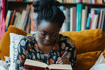 A determined young woman writes in a journal surrounded by inspiring quotes and books, embodying a growth mindset and the spirit of personal development.