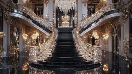 Grand opulent staircase in palace interior.