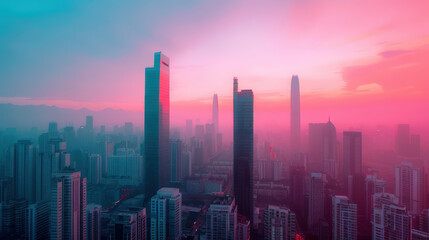 Obraz premium Urban Skyline at Twilight with Pink and Blue Hues Over Skyscrapers and City Buildings in a Modern Setting