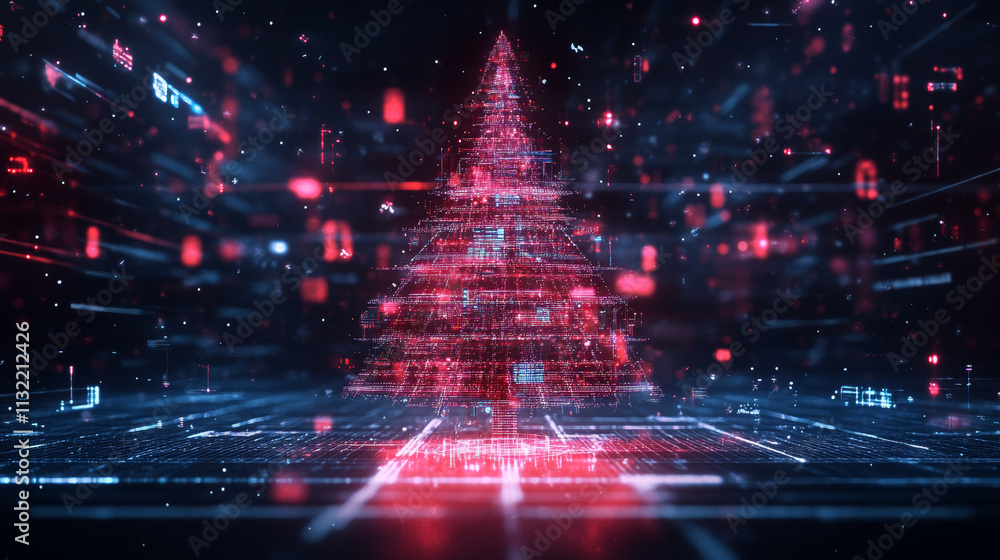 Poster tree light effect for christmas gritting card.. digital tree for abstract card for new year greeting