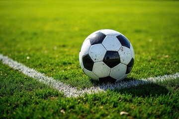 Fototapeta premium soccer ball on grass field near penalty area corner line. Sports, energy, and teamwork concept. Ideal for football event promotions, sports publications, and branding