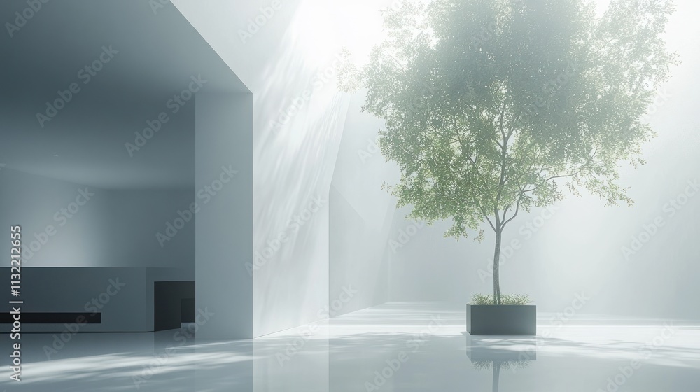 Poster a serene indoor space featuring a tree in a minimalist environment with soft lighting.