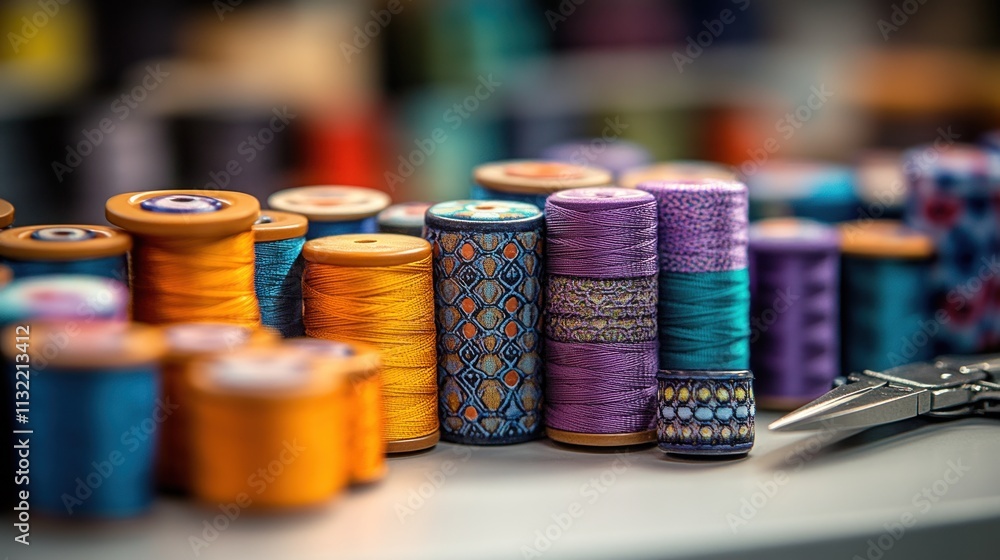 Poster a colorful array of sewing threads arranged neatly, showcasing various shades and textures.