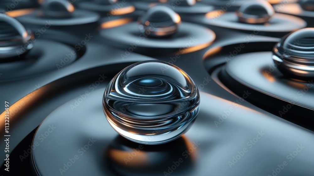 Poster glass sphere resting on abstract metallic surface