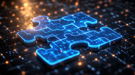Connecting Jigsaw Puzzle with Glowing Blue Pieces in Low Light