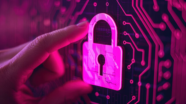 Digital Security Concept with Hand Reaching Towards a Colorful Padlock Against a Circuit Board Background