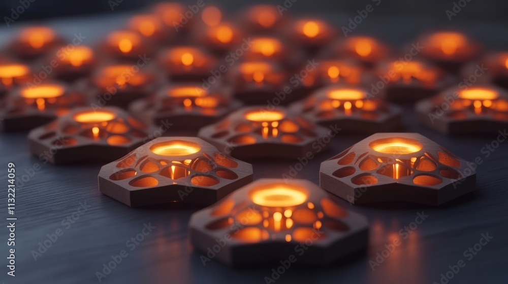 Poster Illuminated Wooden Hexagonal Structures in a Row