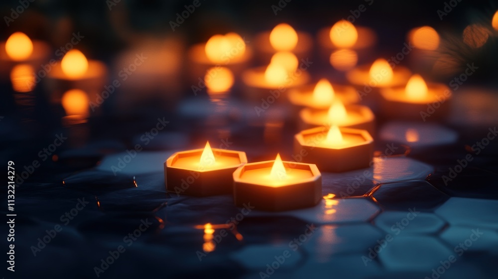 Poster illuminated hexagonal candles glow brightly in darkness