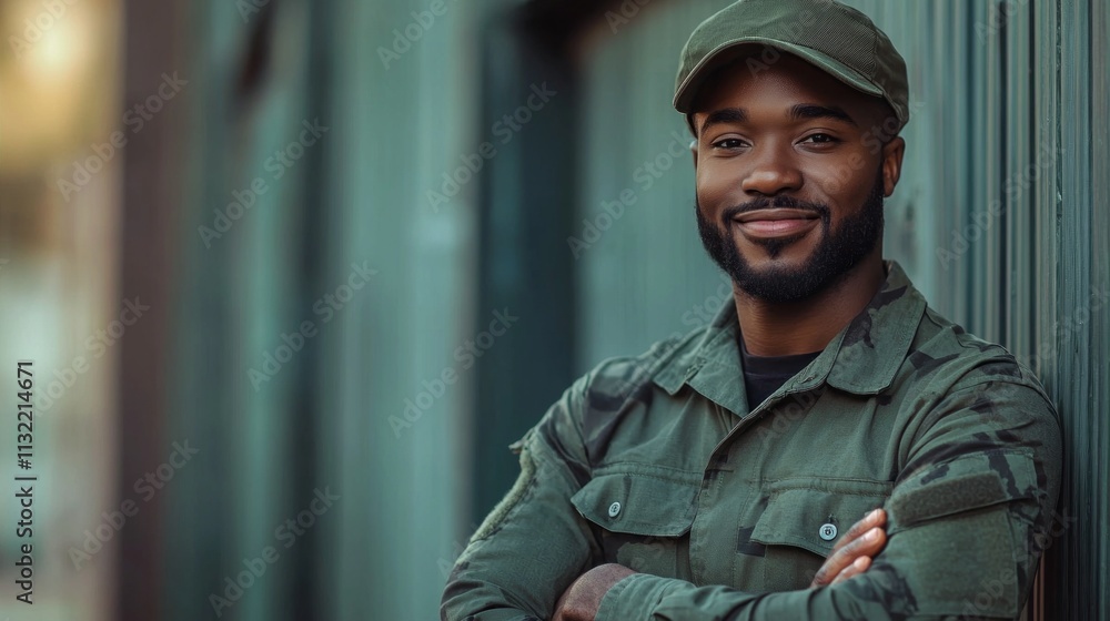 Poster a man in a green army jacket is smiling and posing for a picture