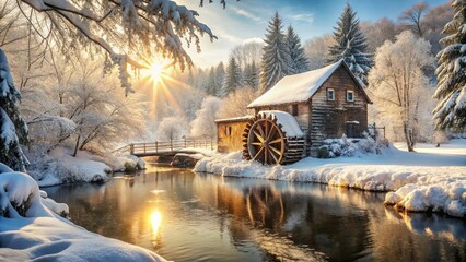 Fototapeta premium A serene winter sunrise illuminates a snow-covered watermill beside a tranquil stream and wooden bridge