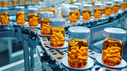 Pharmaceutical and Beverage manufacturing concept. Efficient pharmaceutical factory with yellow capsules in bottles