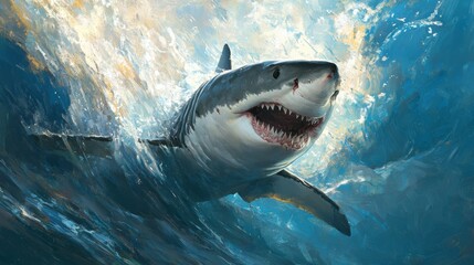 Obraz premium Great white shark swimming in clear blue water, sharp teeth exposed, sunlight filtering through the ocean surface, an apex predator on the move 