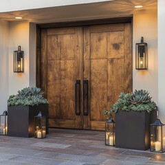 Double wooden doors with a matte finish, surrounded by succulent-filled planters and soft lantern lights.