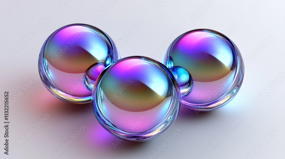Poster Three iridescent spheres arranged in a triangular formation