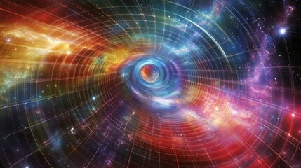 Obraz premium Cosmic tunnel; vibrant nebula; gridded spacetime.