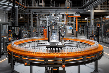 Pharmaceutical and Beverage manufacturing concept. Automated production line for pharmaceutical drinks in modern facility