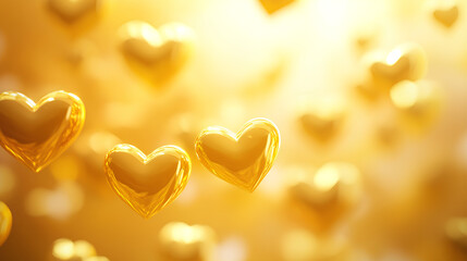 Fototapeta premium Golden heart-shaped bokeh lights on a romantic yellow background with a festive and warm feel perfect for Valentine's Day, love, and celebration