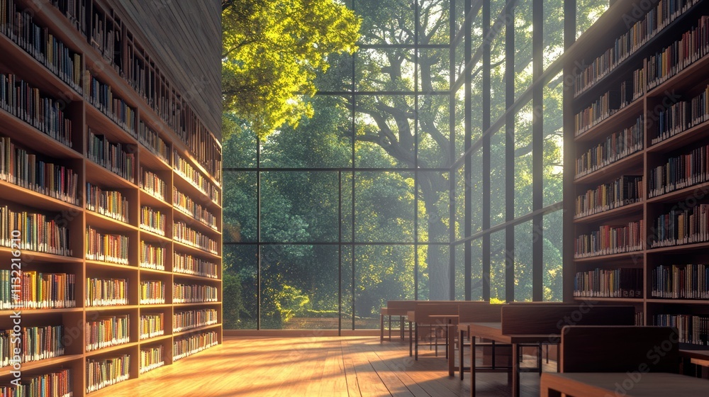 Poster Serene Library With Large Window And Treetop Views