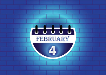 Obraz premium February 4 calendar sign on blue neon brick wall background. Flat design style. Date, day and month. Vector illustration.