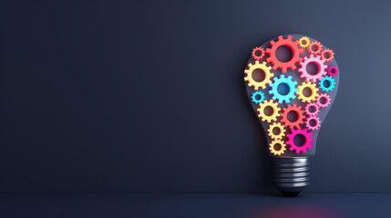 Colorful gears arranged in a light bulb shape representing creativity and innovative ideas in a modern design setting