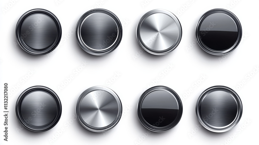 Poster grey shiny buttons set, glossy isolated icons with metallic chrome elements, vector illustration.