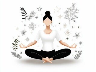 A minimalist hand-drawn illustration of a woman meditating in a lotus pose, surrounded by floral elements and stars, symbolizing peace, mindfulness, and balance