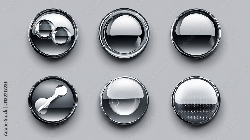 Poster gray buttons set, glossy isolated icons with metallic chrome elements, vector illustration.