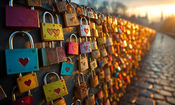 A colorful display of love locks on a bridge at sunset.