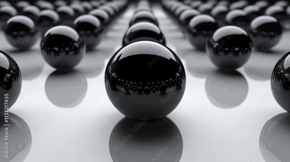 Poster black spheres arranged in converging rows on white surface