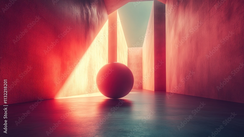 Poster a minimalistic, illuminated corridor featuring a central sphere casting soft shadows.
