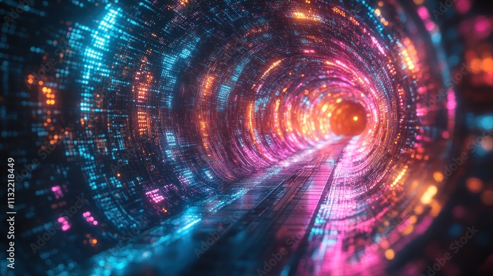Poster a vibrant, futuristic tunnel illuminated by colorful lights and digital patterns.