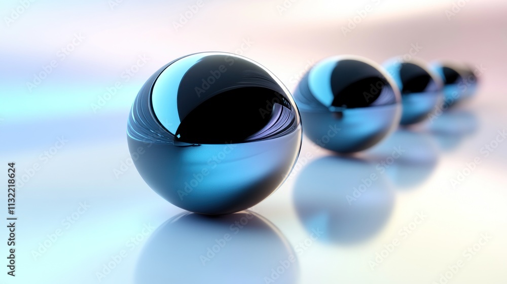 Poster Metallic Spheres Aligned In A Row On A Smooth Surface